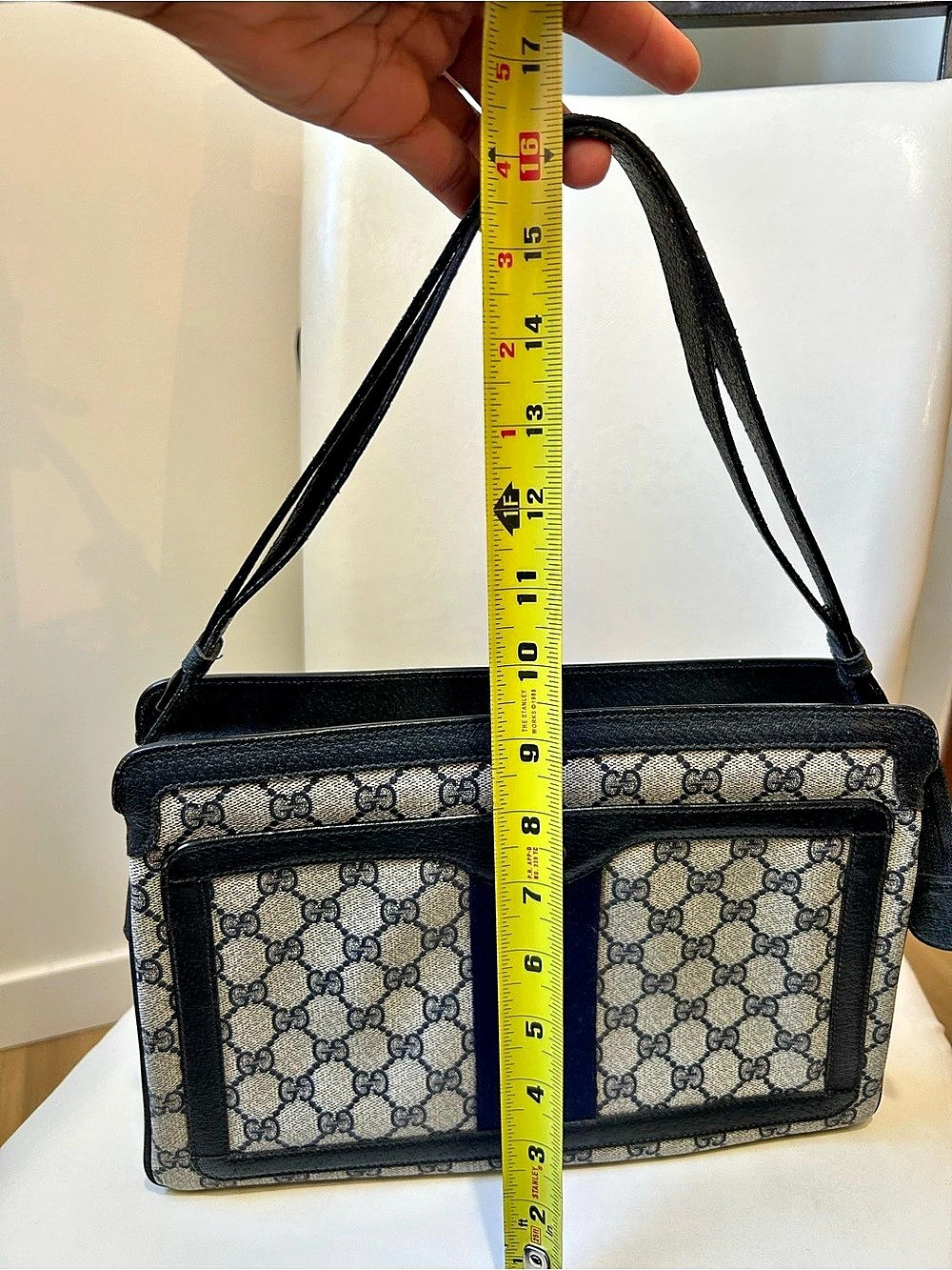 Gucci Vintage GG Supreme Navy Web Stripe Shoulder Bag Blue & White - Picture 12 of 16